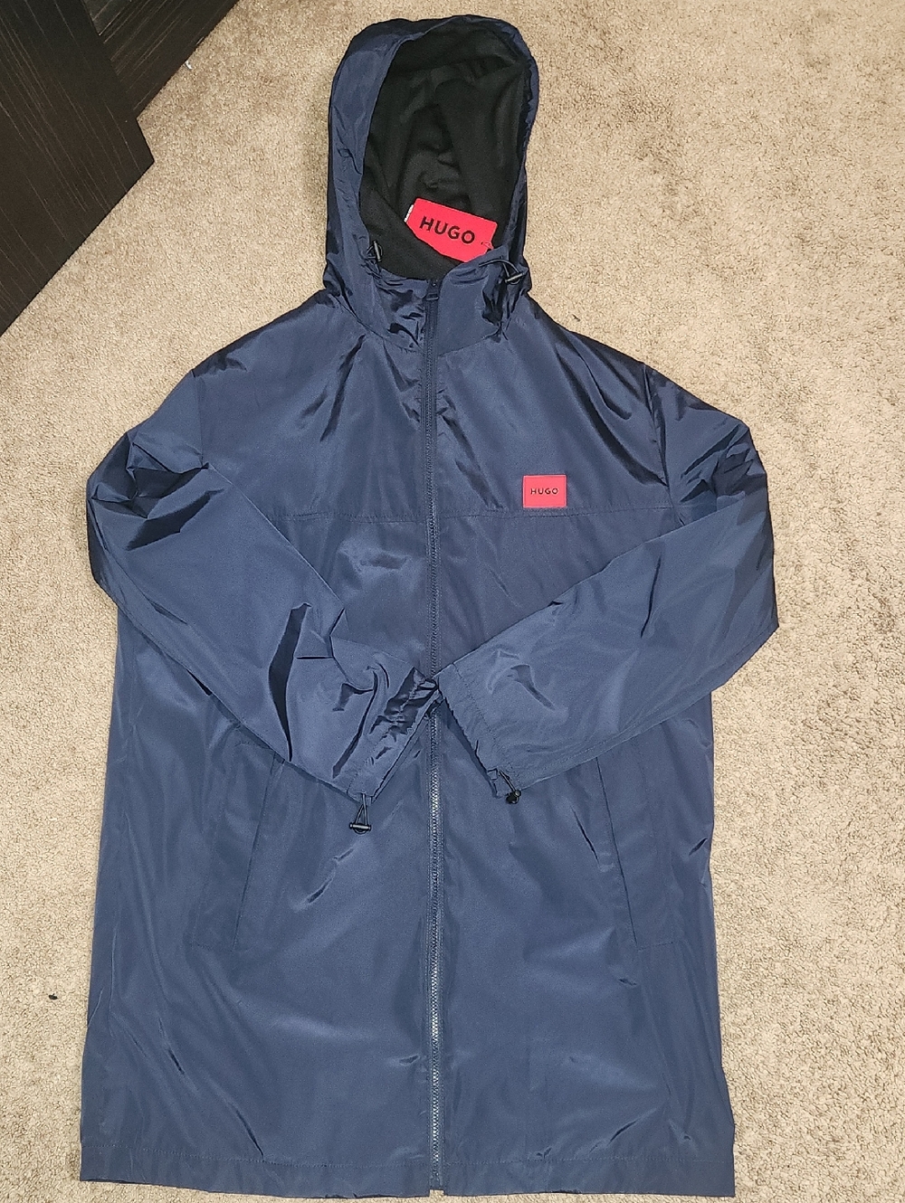 HUGO Navy 3 QUARTER Hooded Raincoat with Red Logo Patch